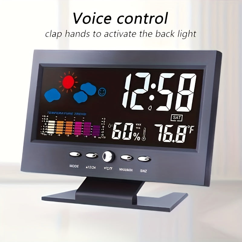 Smart Weather Clock with Thermometer, Hygrometer, and Color Display for Indoor Temperature and Humidity, Convenient Voice Control for Home Utility.