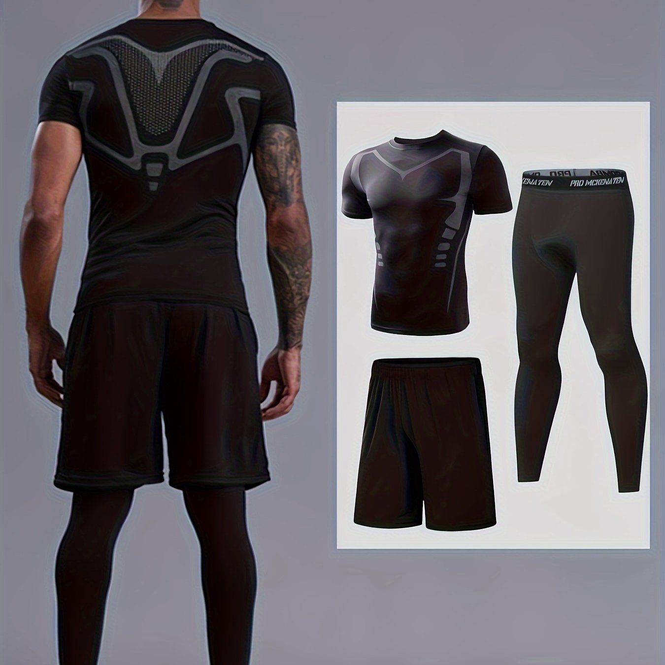 Men's 3-piece base layer set includes compression tops, bottoms, and shorts for fitness workouts and body shaping.