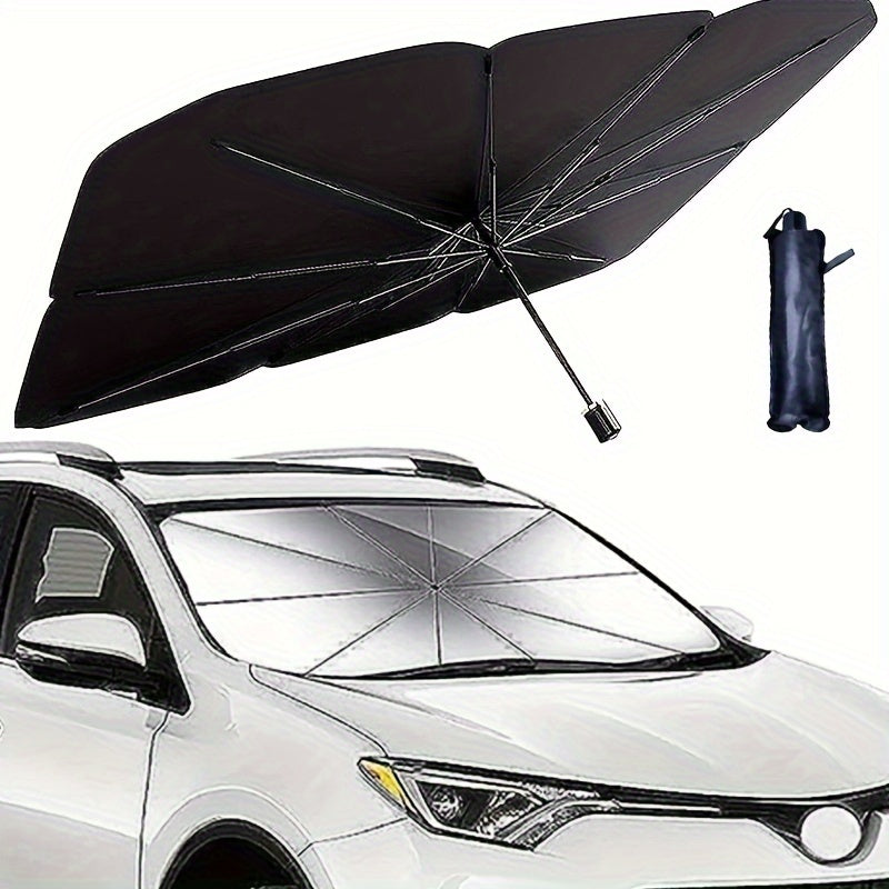 Foldable car windshield sunshade umbrella blocks UV rays and fits most cars. Can be folded for easy storage and has reflective cover.