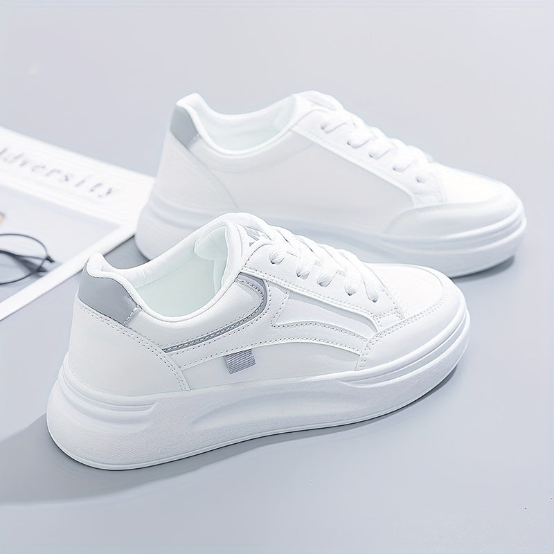 Height increasing lace-up platform skate shoes for women in white, suitable for outdoor walking and available in plus sizes.