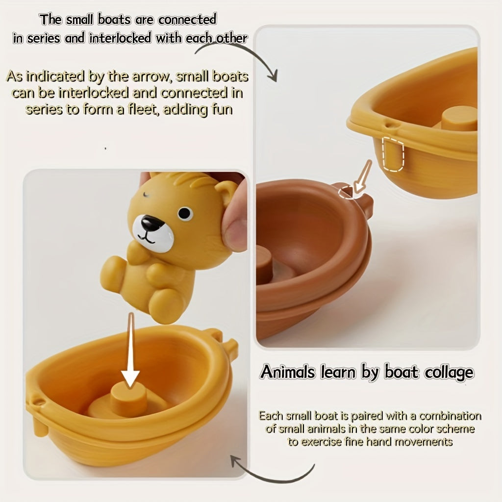 Floating boat toy for the bath, featuring animal finger covers for young children to play with in the water. Stackable and fun for youngsters.