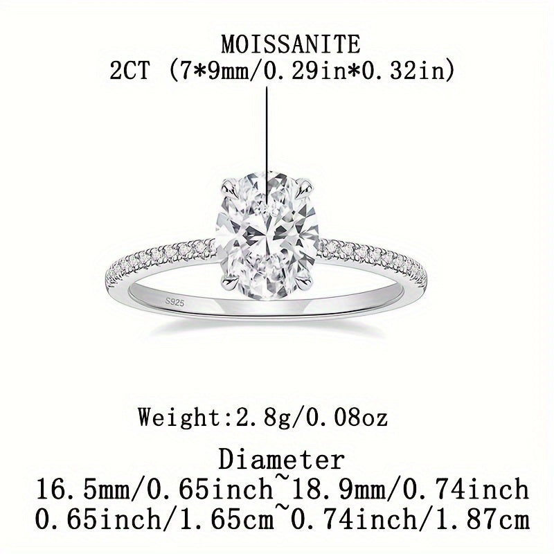 Sterling Silver Oval Moissanite Engagement Ring, featuring an elegant 4-claw pave setting. A timeless women's fashion accessory, ideal for proposals, anniversaries, birthdays, and Mother's Day. Comes in a beautiful gift box.