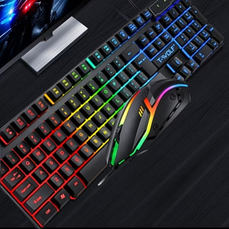 New TF200 gaming keyboard and mouse set with ergonomic design, optical movement detection, cool light effect, mechanical touch suspended key cap, wired, and quick function keys for personal