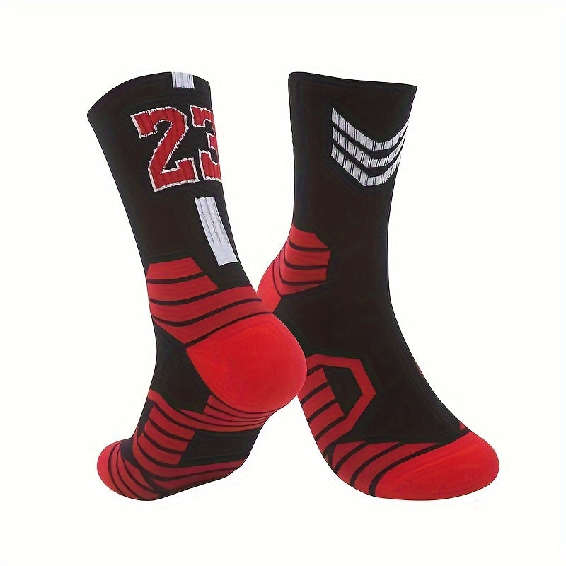 9 pairs of men's trendy basketball socks with 23 & 24 number print, providing comfort, breathability, and shock absorption for outdoor activities.