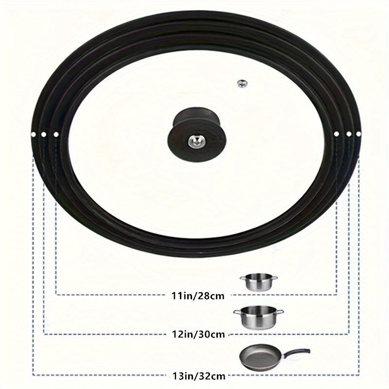 Universal pot and pan cover for kitchen made of 1pc multi-ply tempered glass lid with a heat resistant silicone ring. Fits 15.24cm-33.02cm cookware.