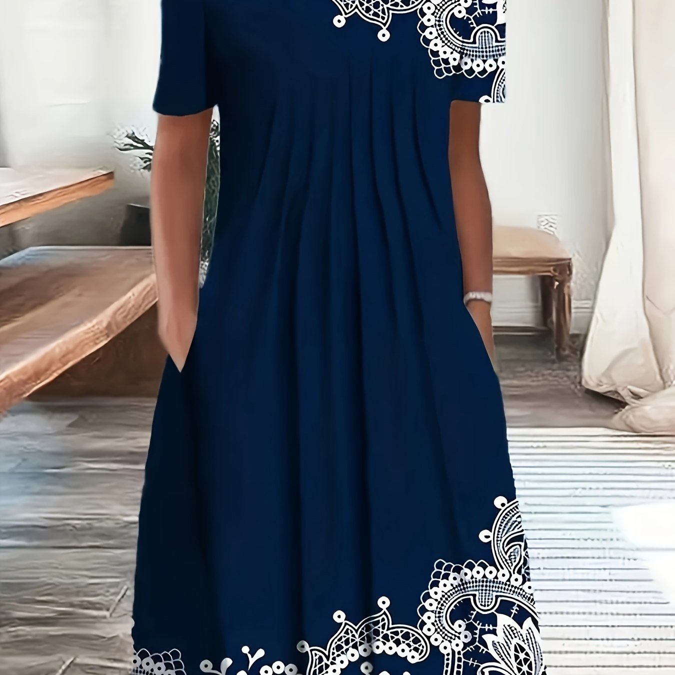 Women's Navy Blue Floral Print Short Sleeve Dress - Elegant Pleated Midi with Round Neckline, Non-Stretch Polyester Fabric, Ideal for Spring/Summer Fashion