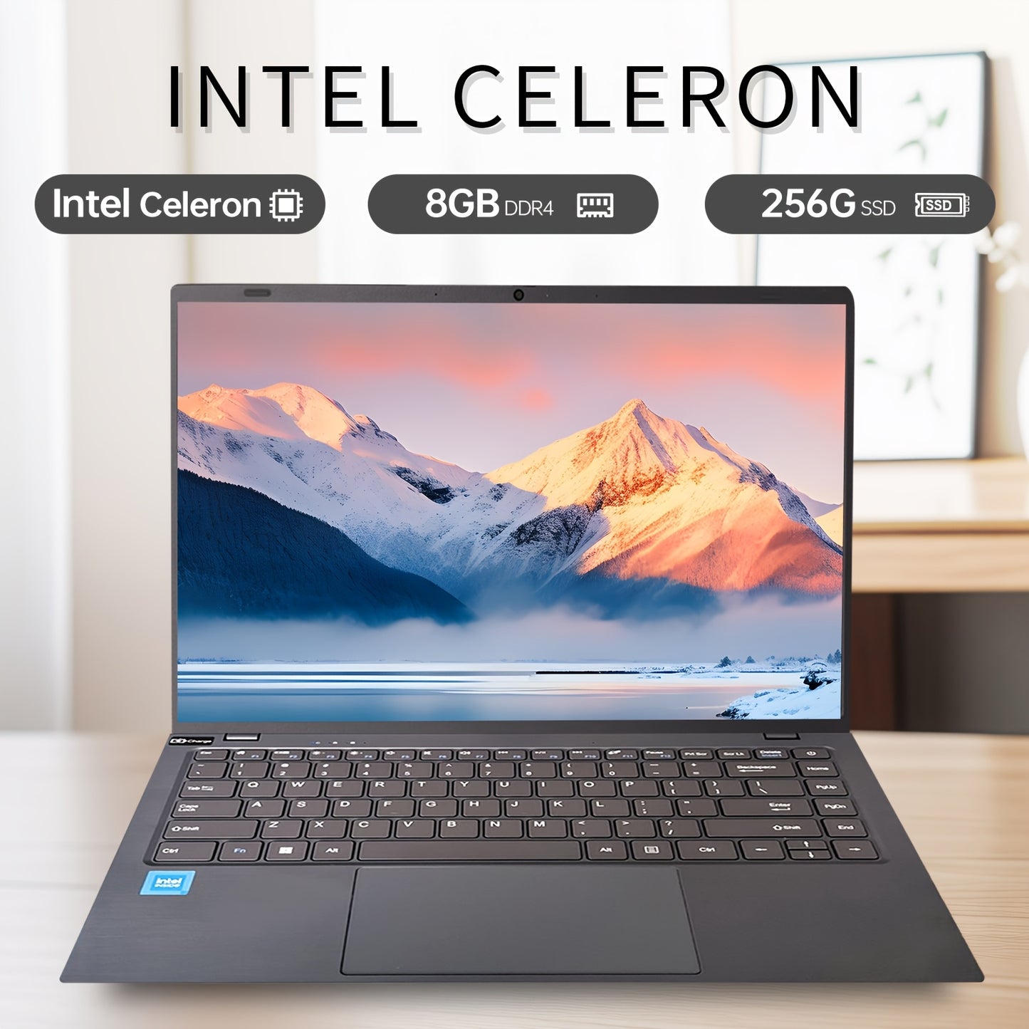 14-Inch Intel Celeron N4000 business laptop with 8GB RAM, 256GB SSD, FHD display, Wifi, USB, camera, Qwertz keyboard, and rechargeable battery. Ideal for office, entertainment, and online