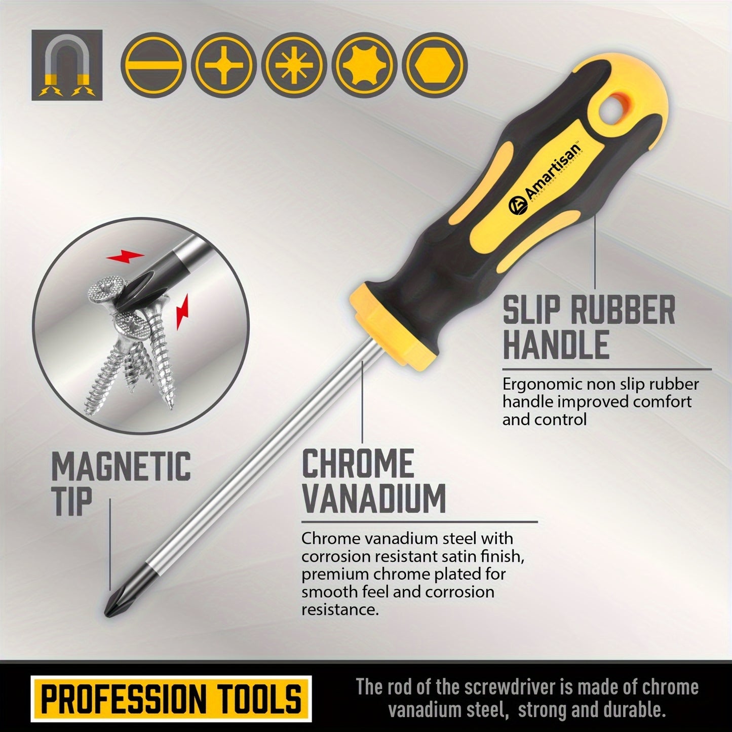 AMARTISAN Magnetic Screwdriver Set with 43 pieces in Black and Yellow, made of Chrome Vanadium Steel. Includes various types of screwdrivers and magnetic demagnetization tools. No battery