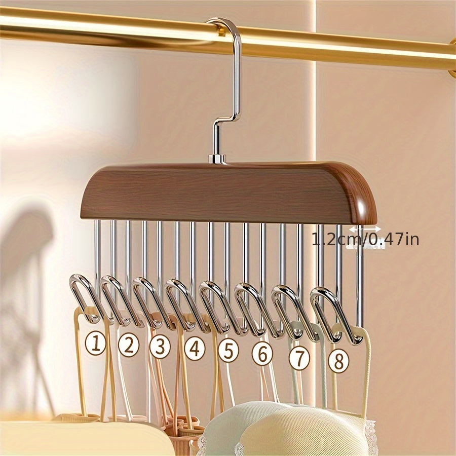 Versatile solid wood clothes hanger with 8 hooks for storage of underwear, vests, ties, and clothing. Ideal for use in clothing stores or as a clothes drying rack.