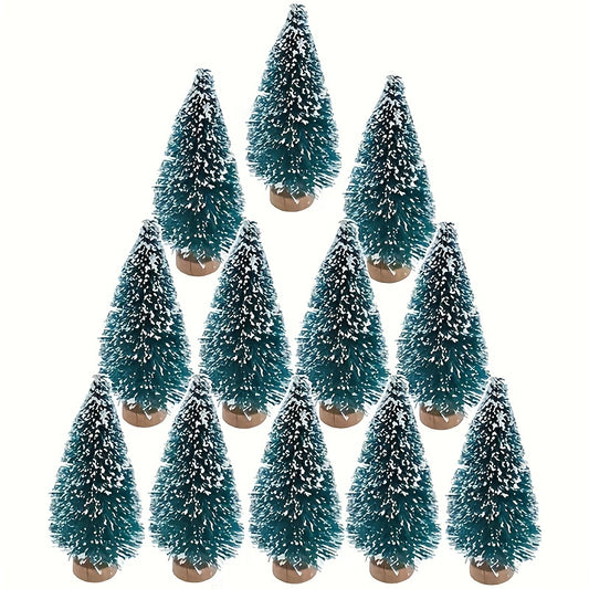 12 Mini Christmas sisal Snow Frost Trees with wooden bottle brush base for festive home decor.