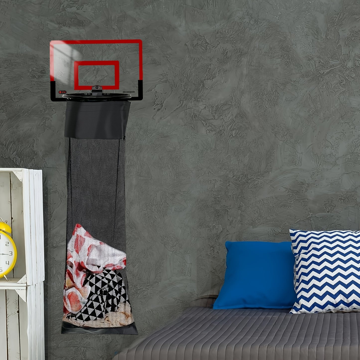 Basketball storage basket for hanging on door or organizing laundry in boys and girls' bedrooms, dorms, or as a fun teenager gift.