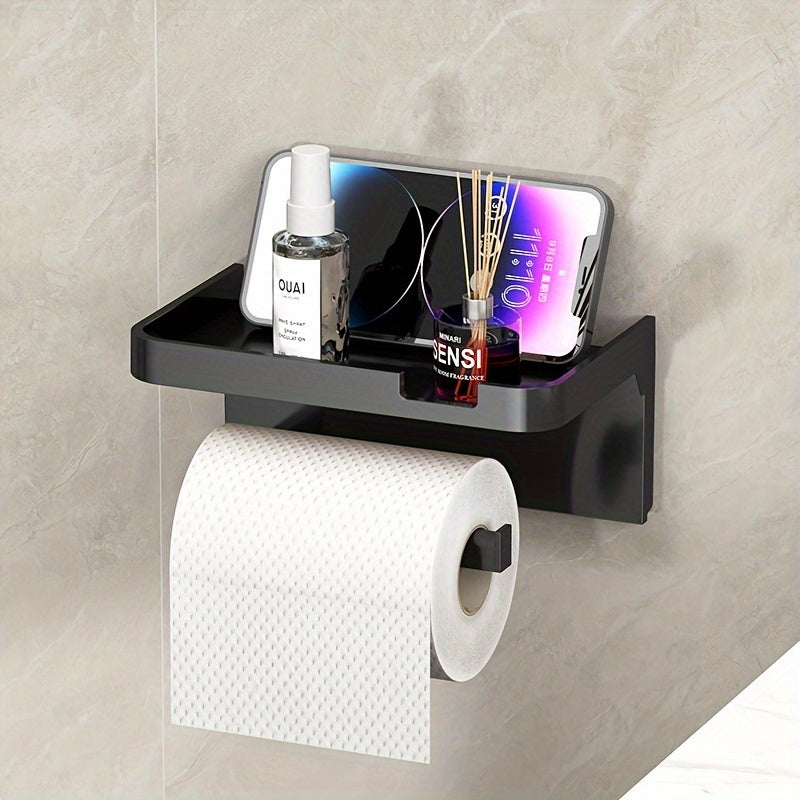 Wall-mounted bathroom toilet paper holder with shelves in matte black finish, includes phone stand, no-drill installation.