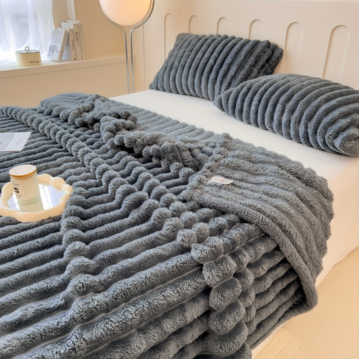 Cozy Contemporary Striped Plush Blanket made with Thickened Polyester Knit Fabric, Perfect for All Seasons. Can be used as a Bedspread, Nap Blanket, or even as a Pet Blanket. Weighs 250-300gsm.