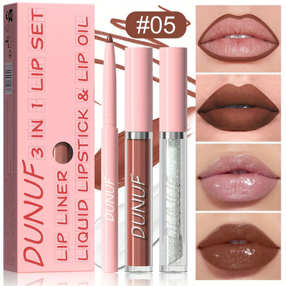 3-piece lip set with durable, waterproof, and sweat resistant formulas that are easy to apply and long-lasting. Includes lip gloss, lip liner, and lip glaze for a matte finish.