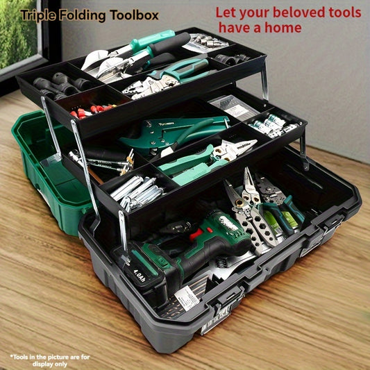 TUOSEN 16-inch Triple-Layer Folding Toolbox - Waterproof Plastic Organizer for Electricians & Carpenters with Multi-Compartment Storage.