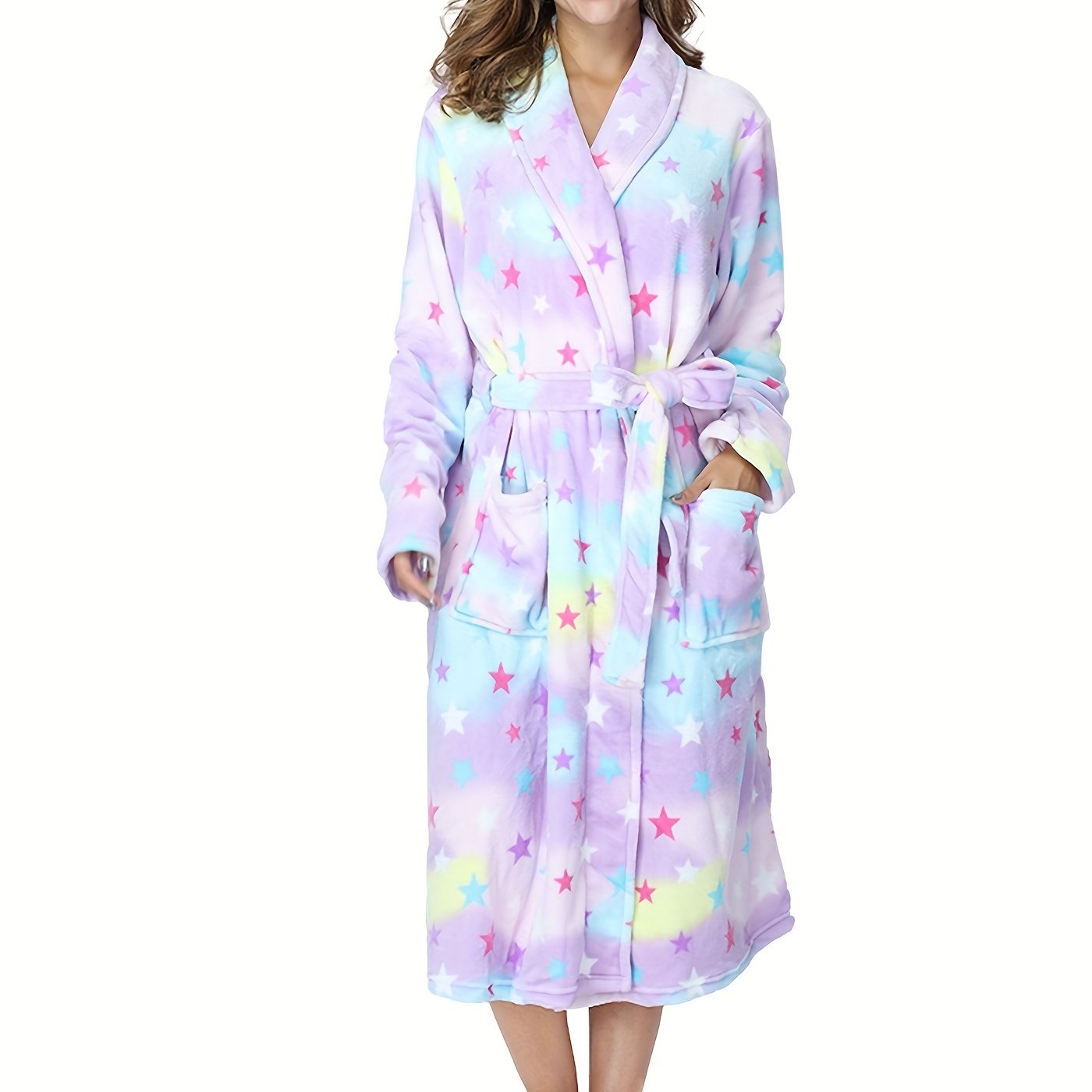 Colorblock fuzzy night robe, cozy and warm with long sleeves, lapel collar, belt, and designed for women's sleepwear.