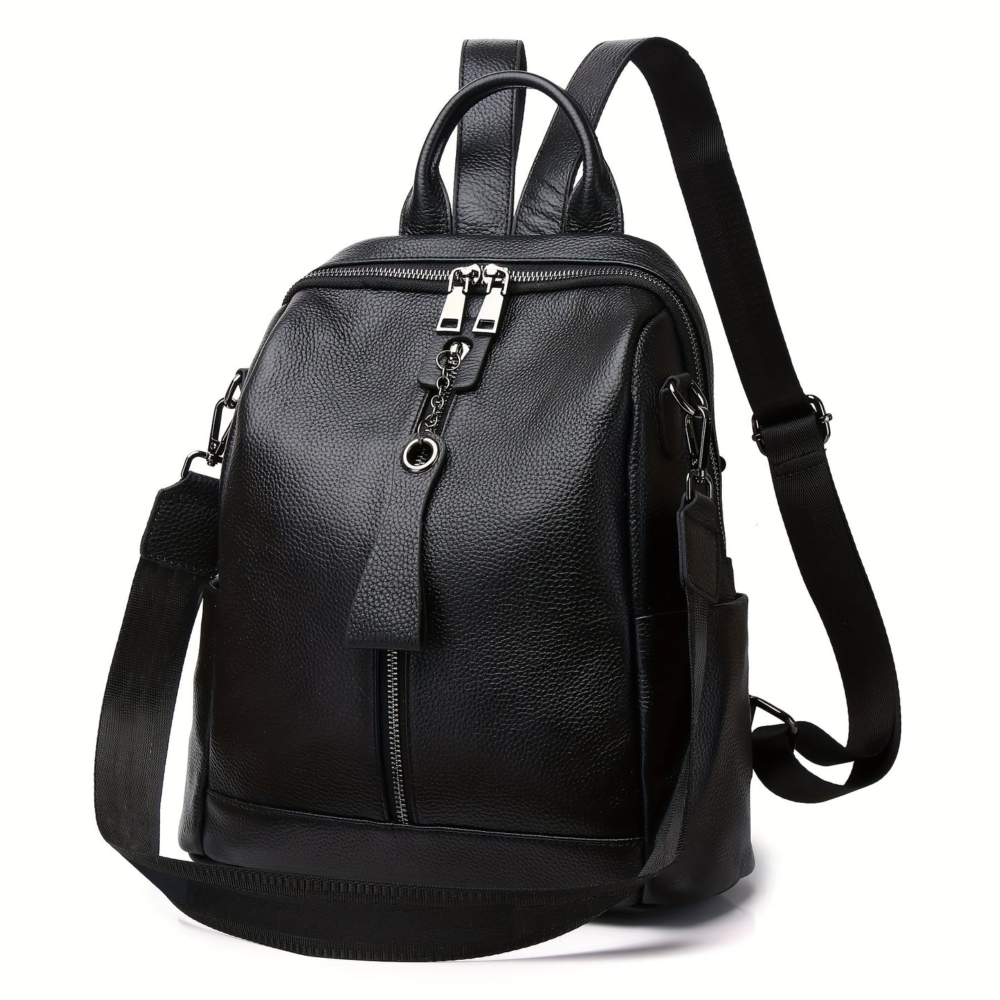 New 2024 fashion women's backpack made of genuine leather, featuring anti-theft design, large capacity, Korean style, adjustable strap, and zipper closure.