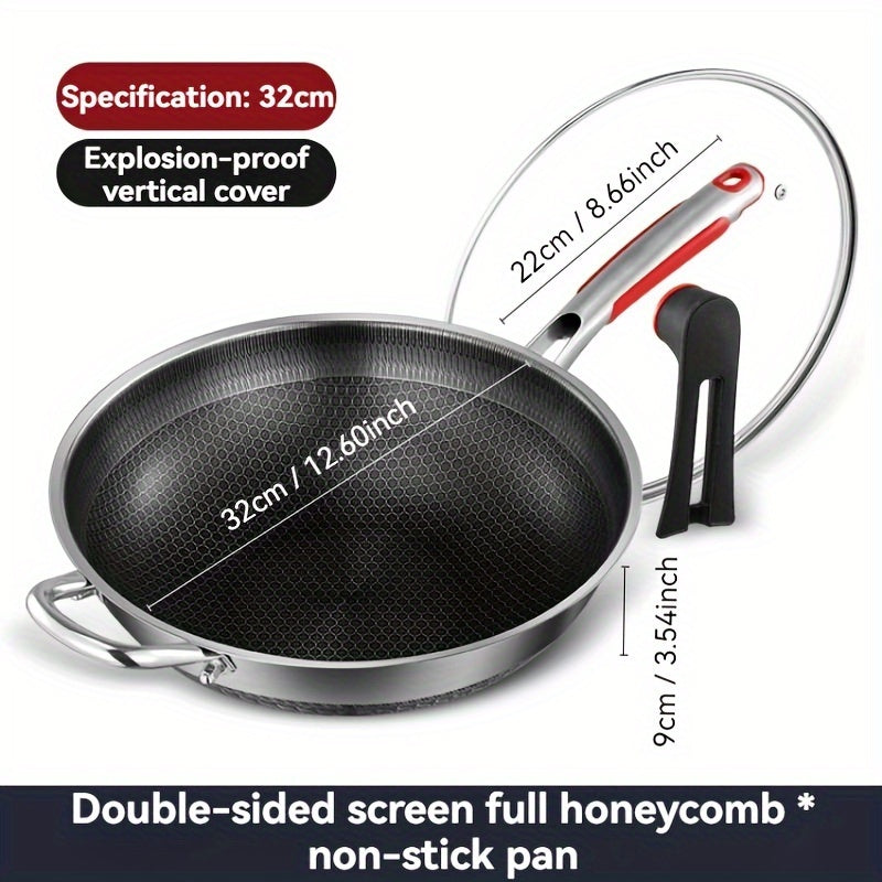 Stainless Steel Wok with Glass Lid and Honeycomb Non-Stick Coating - Features Full Screen Anti-Scratch Vertical Pot Cover, Dual Anti-Stick Shovels, and Scratch-Resistant Design - Perfect for Gas and Induction Cooktops