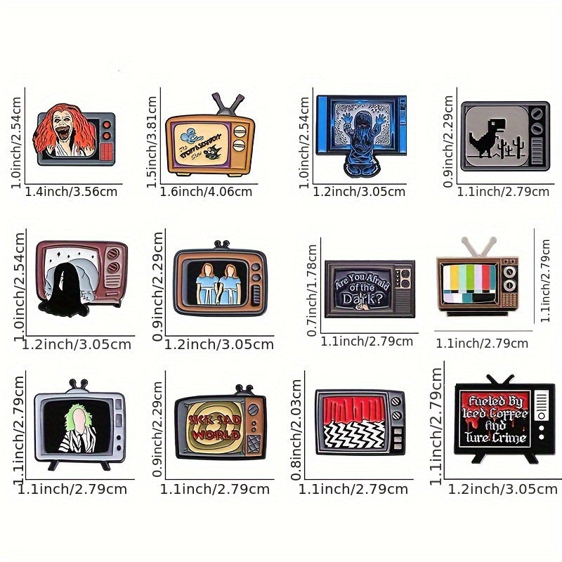 Halloween Horror TV Brooch Set: 12 ta Punk uslubidagi qotishma yeng pinlari to'plami, sviterlar, ruksaklar va boshqalar uchun - O'ziga xos multfilm mavzusidagi aksessuarlar va sovg'alar bilan.