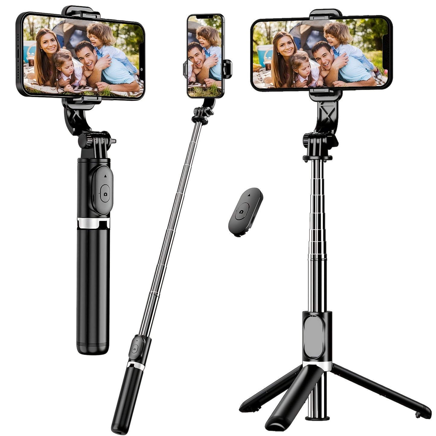 Extendable selfie stick tripod with wireless remote for various smartphones