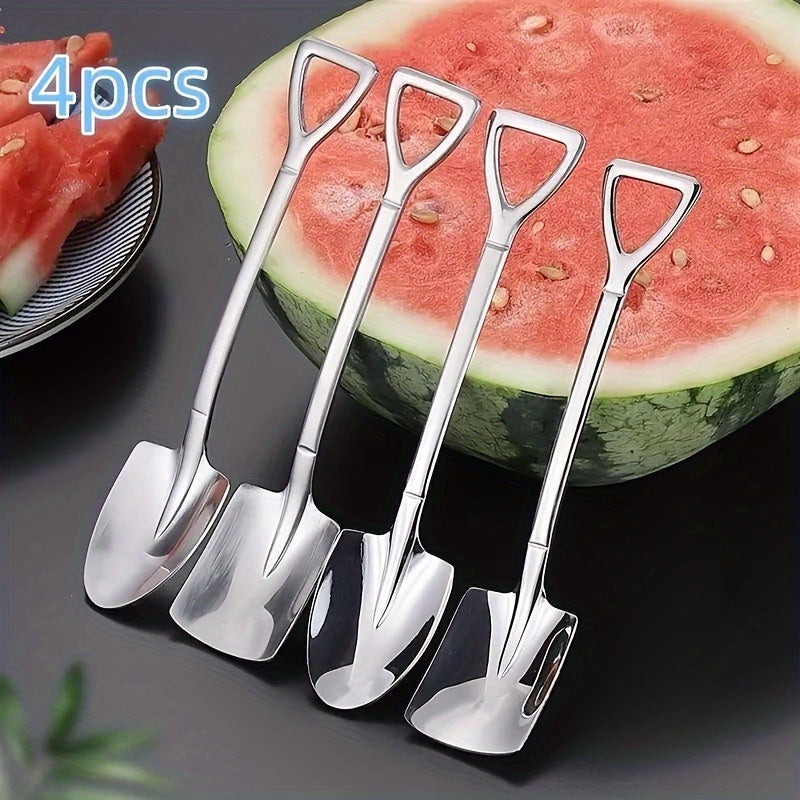 4-piece stainless steel shovel spoon set: versatile for desserts, ice cream, soup, and more. Waterproof with utility hooks, perfect gift idea.