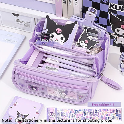 1 piece SANRIO 9-Layer Large-Capacity Multi-Functional Pen Case made of Oxford Cloth featuring Kulomi & Melody Cute Cartoon Style, ideal for organizing student stationery. Waterproof and