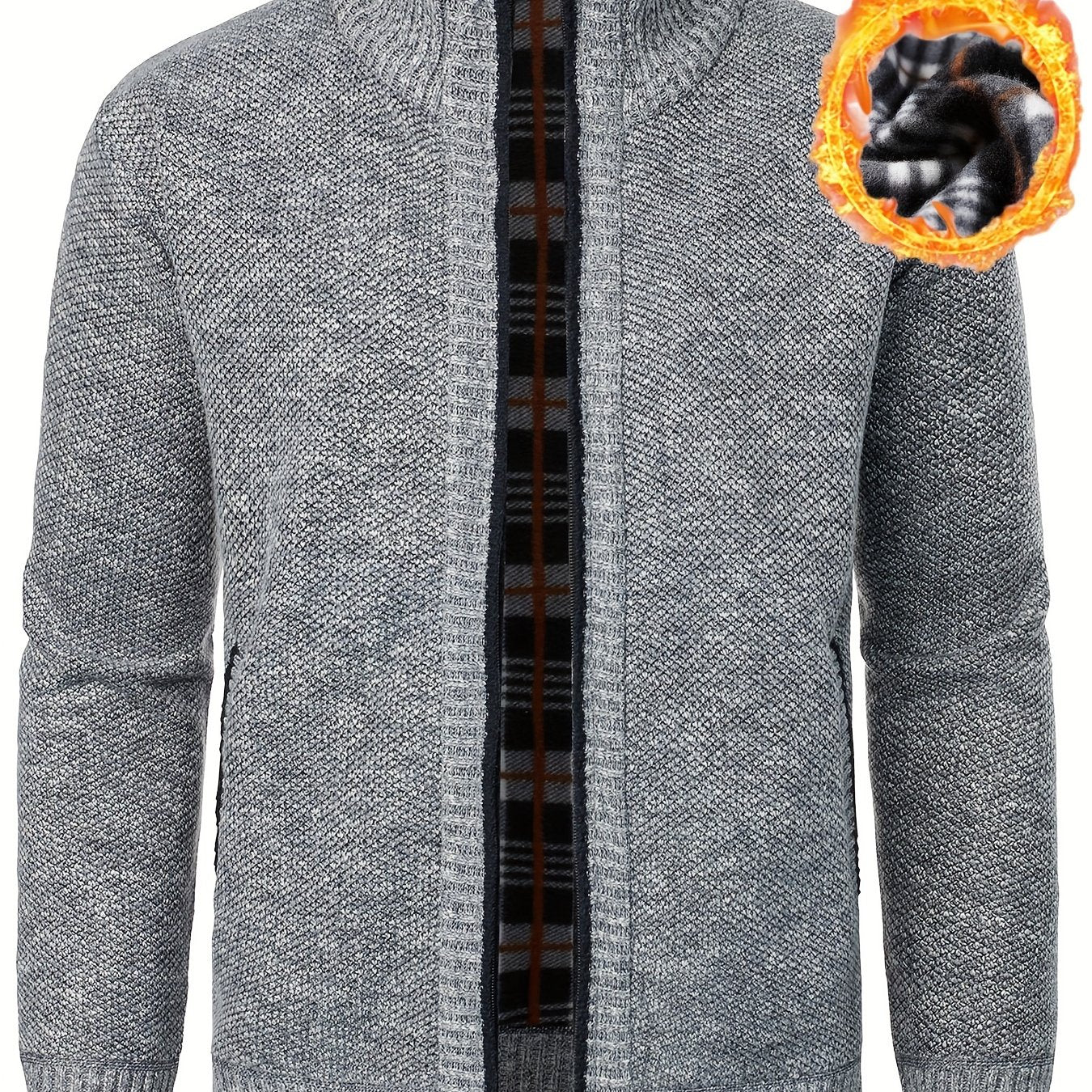 Men's zippered cardigan sweater made from 100% polyester knit fabric. Regular fit with slight stretch, stand collar, and zipper detail. Ideal for fall/winter outerwear.