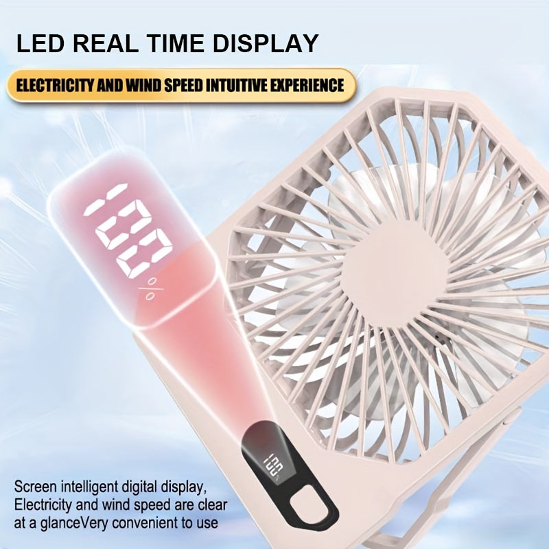 Introducing the 1pc Portable USB Desktop Fan with Digital Display. This 3-speed 6-inch mini cooling fan offers 180° silent operation and is perfect for indoor and outdoor use. With button control and a rechargeable lithium battery, it's ideal for home