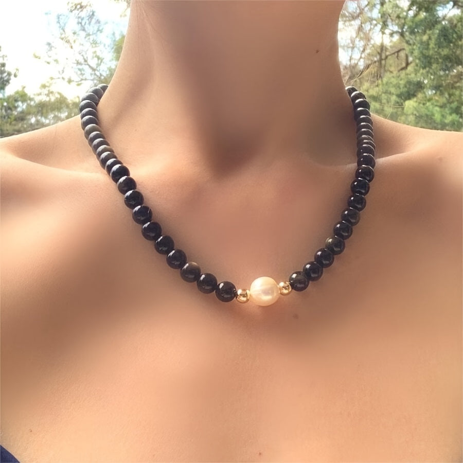 Handcrafted Natural Obsidian Baroque Pearl Necklace by MYSOYA featuring 7-9mm Freshwater Pearls. This vintage elegant piece is perfect for daily wear and special occasions, making it an ideal Valentine's Day gift. Comes with a gift box, making it an