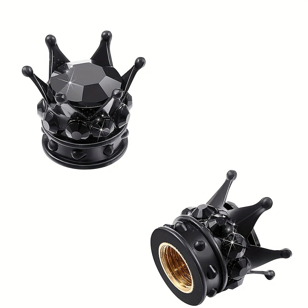 Pair of 2 Crown-shaped Car Tire Valve Stem Caps made of ABS Plastic with Rhinestone Embellishments, Non-Electric Decorative Wheel Air Valve Covers