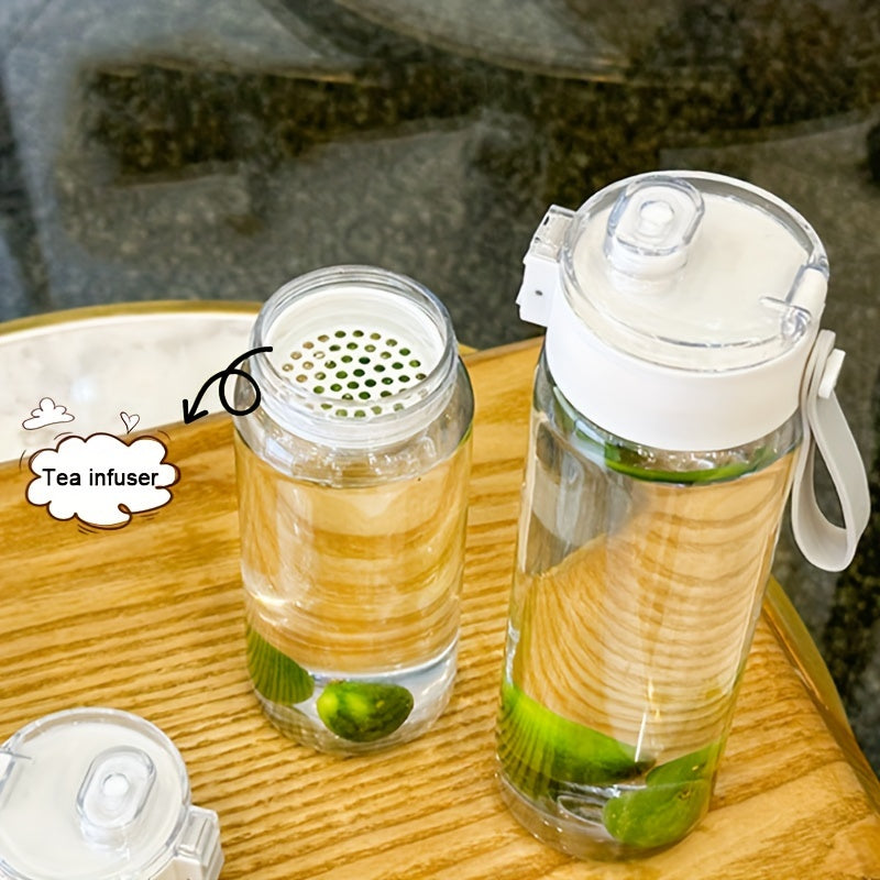 1 white sports water bottle with handle, tea strainer, and wide mouth. Available in 14oz, 20oz, or 27oz. Made of reusable plastic. Perfect for outdoor sports, biking, daily use, and as a gift for Valentine's Day or Ramadan.