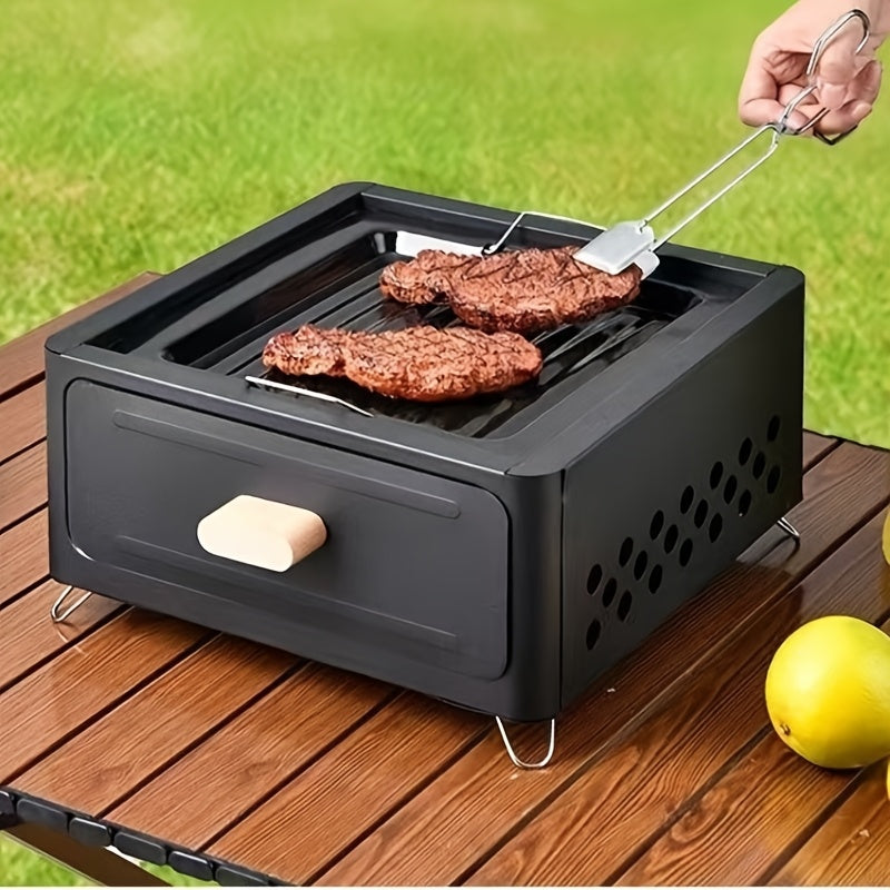 Square portable indoor barbecue grill set made of durable metal materials, with detachable legs and cooking rack, featuring an ash pan. Lighter not included. Ideal for home use.