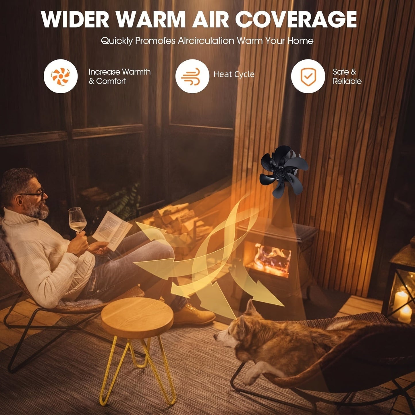 Enhanced Chimney-Mounted Wood Stove Fan - Improved Heat Distribution with 6 Quiet Blades, Perfect for Log and Firewood Burning, Operates Without Electricity