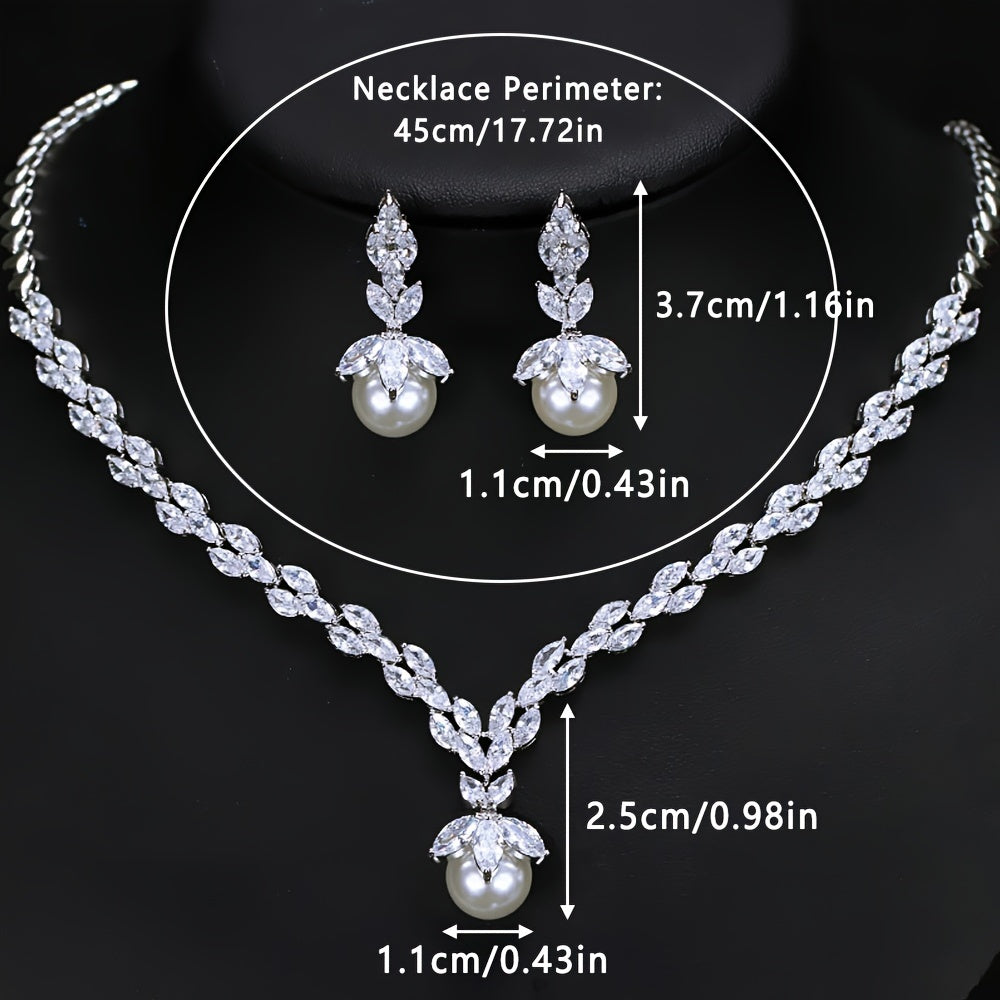 Three Graceful Bridal Accessories Featuring Synthetic Cubic Zirconia Round White Artificial Pearl Pendant Necklace and Earrings - Perfect Wedding Jewelry Set for Women