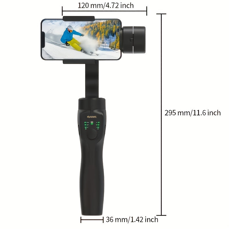 QAML 3-Axis Smartphone Gimbal Stabilizer with USB charging, wireless capabilities, and tripod. Ideal for vlogging, sports, and travel. Compatible with iPhone and Android devices.