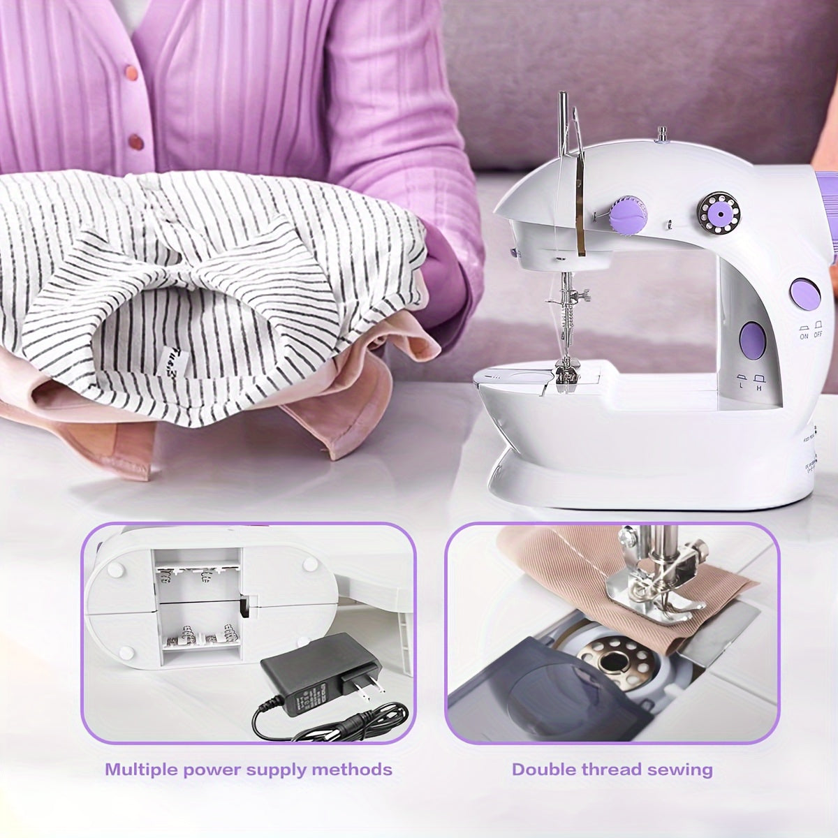 MOOYE Mini Electric Sewing Machine in White with Purple Accents, European Voltage. Includes Accessories and Beginner Crafting Tool. Perfect for Home Use.