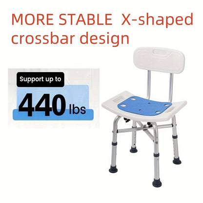 Adjustable shower stool with backrest for seniors and disabled adults, supports up to 199.58 KG, with non-slip legs.