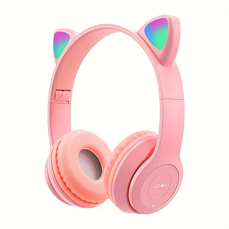 Anime cat ear wireless headphones with LED lights, microphone, rechargeable battery, 3.5mm jack, push button volume control. Compatible with cellphones, non-waterproof. Ideal for cycling