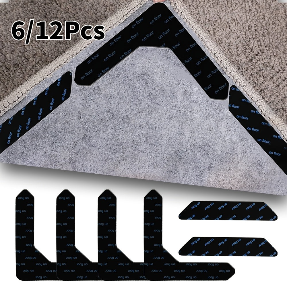 Prevent carpet slippage and curling with these durable plastic rug grippers. This set of 6 or 12 non-slip carpet stickers is reusable and ideal for use in the living room, bedroom, or any indoor space.