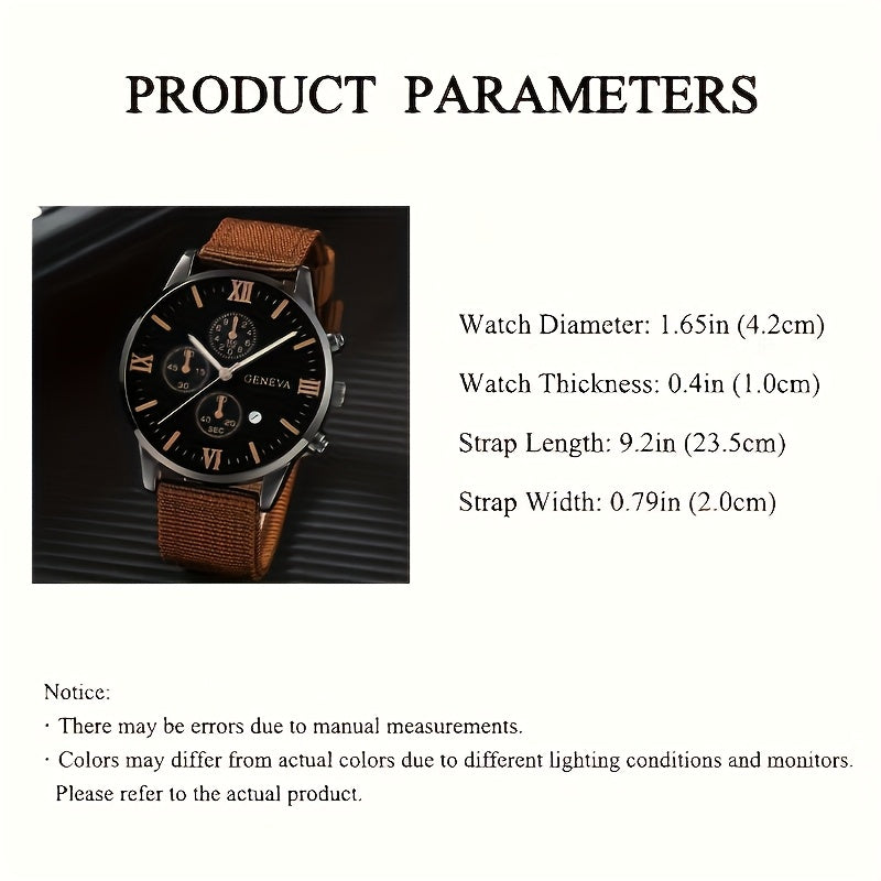 4pcs Men's Quartz Watch Set with brown faux leather strap, alloy case, calendar function, non-rechargeable battery, and matching bracelets. Ideal gift for men.