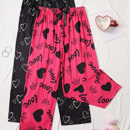 Two cozy plus size sleep pants made from polyester knit fabric with slight stretch. Features an all-season love heart pattern and bow detail.