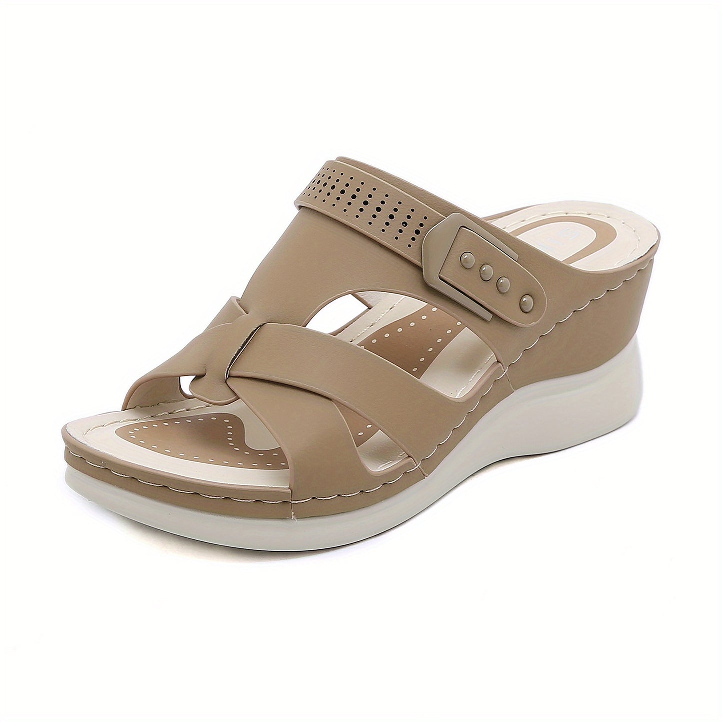 Women's wedge slide sandals with open toe cross strap, slip-on design for casual outdoor wear.