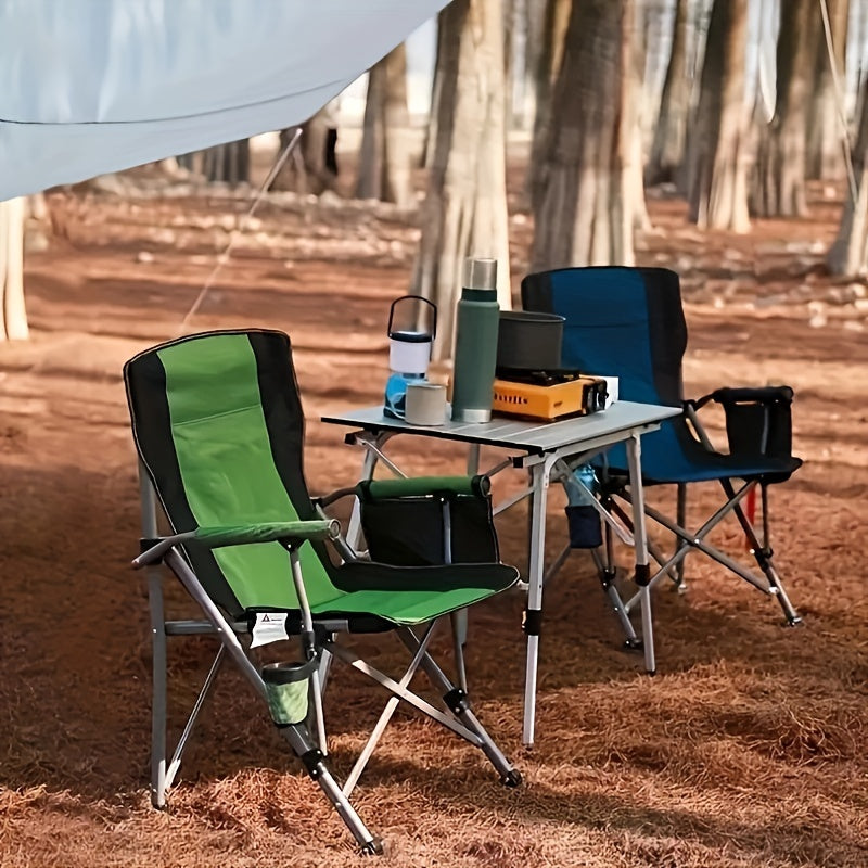 Large, portable outdoor chair made of 600D Oxford cloth with storage bag and cup holder. Ideal for camping, picnics, fishing, and outdoor events.