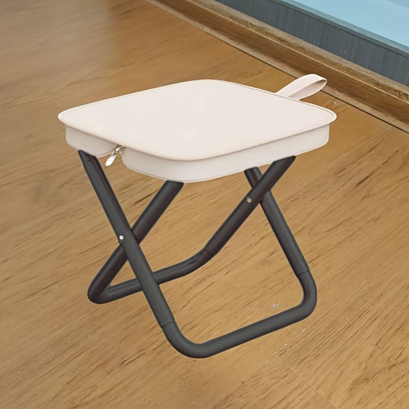 Compact portable folding stool for outdoor activities, easy to set up and adult-sized.