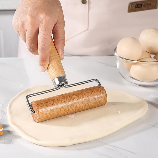 Wooden Rolling Pin with Stainless Steel T-Shaped Dough Roller - Effort-Saving Kitchen Baking Tool for Dumpling Wrappers and Baozi Skin