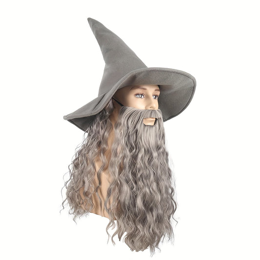 Ideal for Halloween and cosplay, this set includes a gray wizard hat with a long curly wig and beard that are heat resistant.