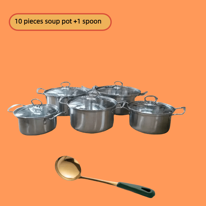 10-piece Household Stainless Steel Stockpot Set with Double Handles, High-sided Cooking Pot, and Horizontal Milk Pot