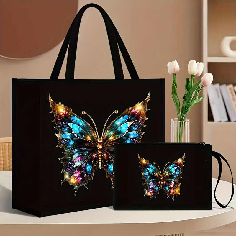 Set includes 2 floral and butterfly print tote bags with matching wallet, made of durable canvas material. Features magnetic snap closure and foldable design for shopping and travel, with