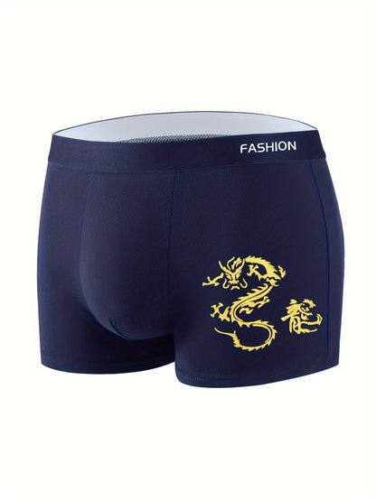 Men's Dragon Print Boxer Briefs - Breathable Polyester & Spandex blend, Ideal for Students & Adults