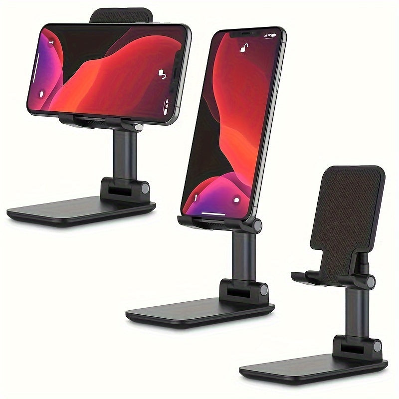 Foldable phone stand adjusts height and angle for 10.16-20.32cm devices. Ideal for office and bedroom, compatible with various devices.